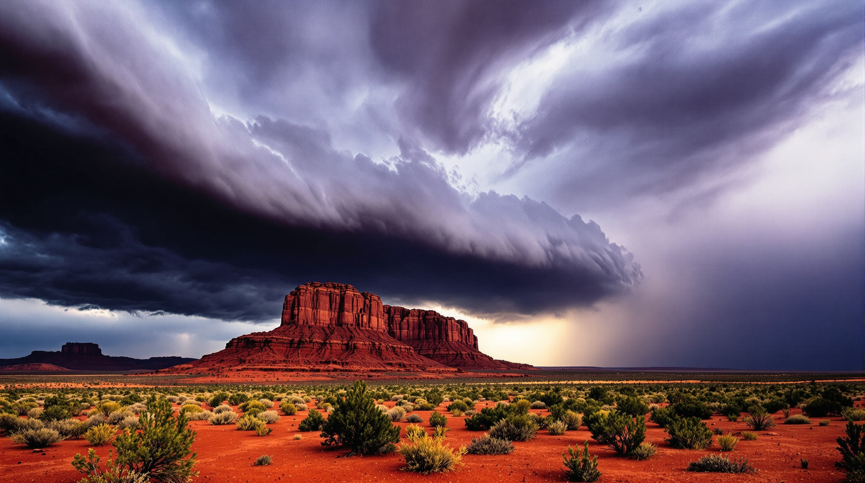 A red sandstone mesa in Arizona with monsoon storm clouds building behind it and light breaking through