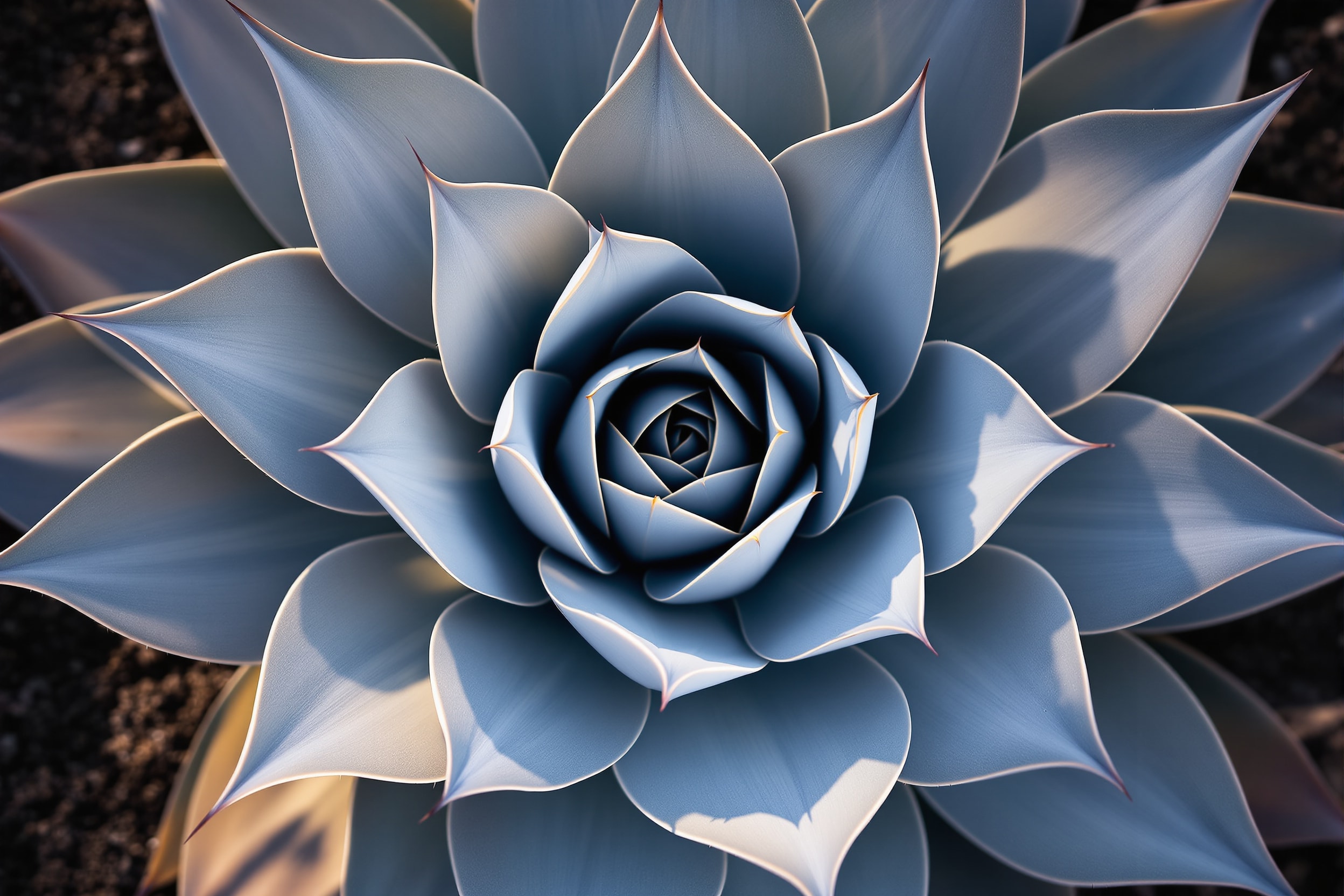 Overhead view of a blue-grey agave rosette, its leaves forming a precise geometric spiral