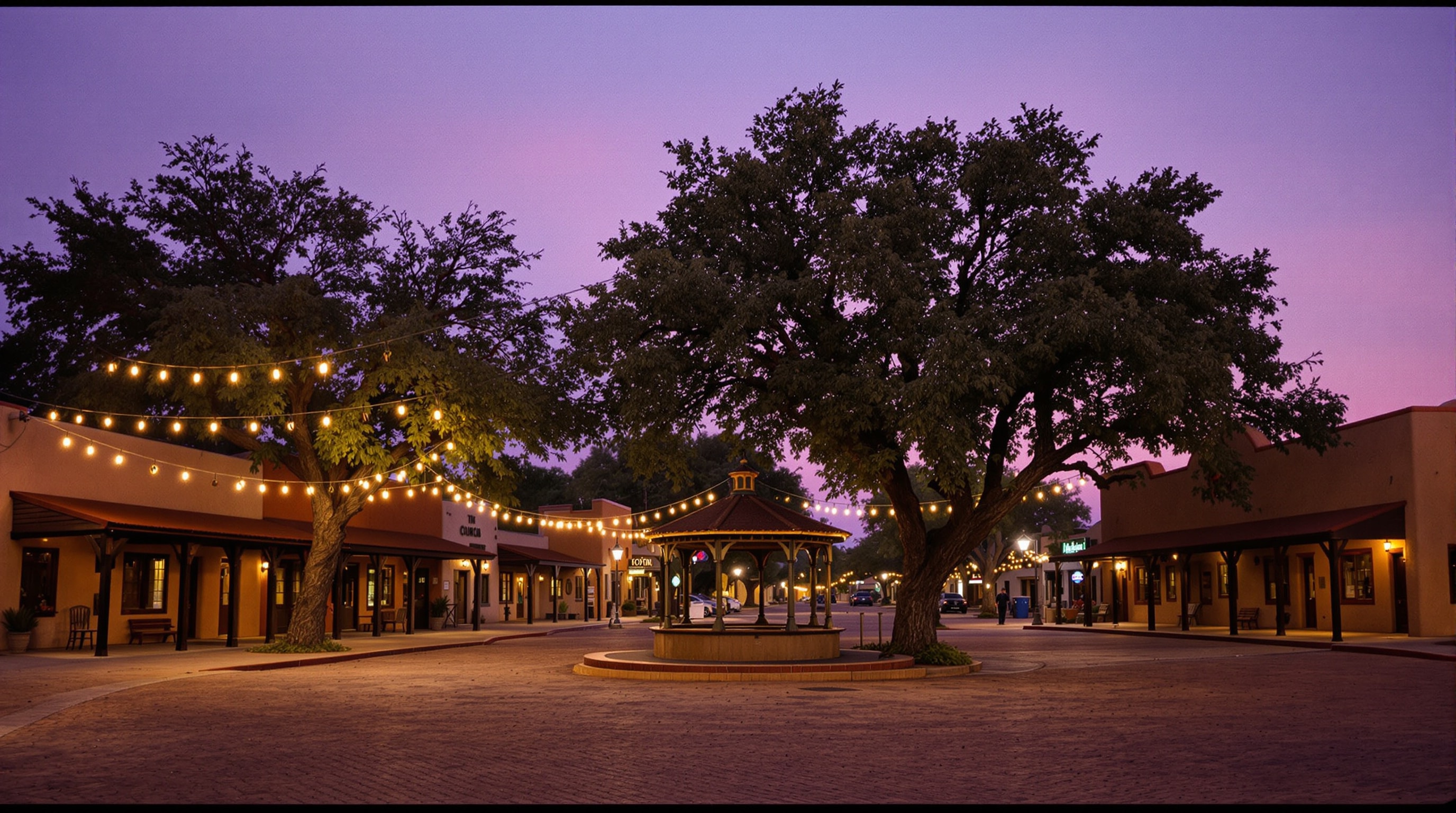 A small southwestern town plaza at dusk, with shade trees, adobe buildings and a central bandstand