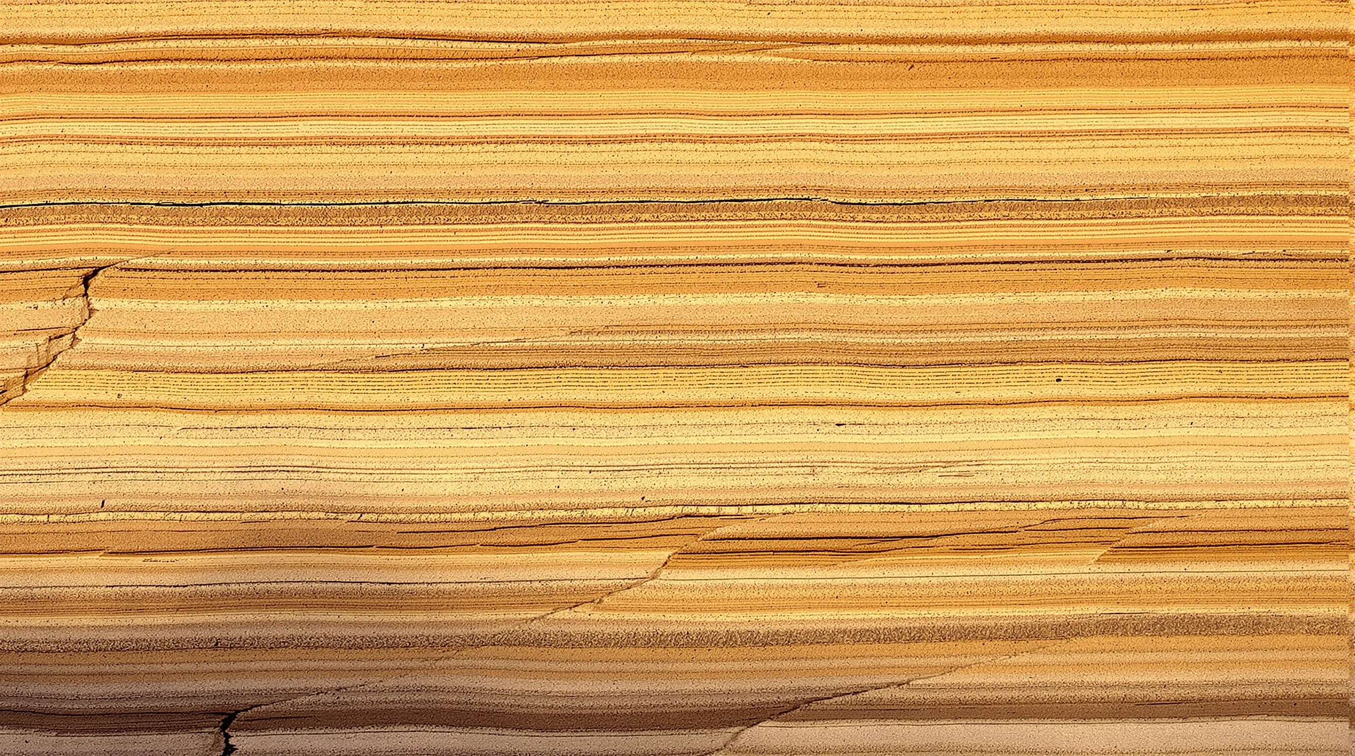 Layered canyon rock strata in warm light, dozens of horizontal bands stacked like pages
