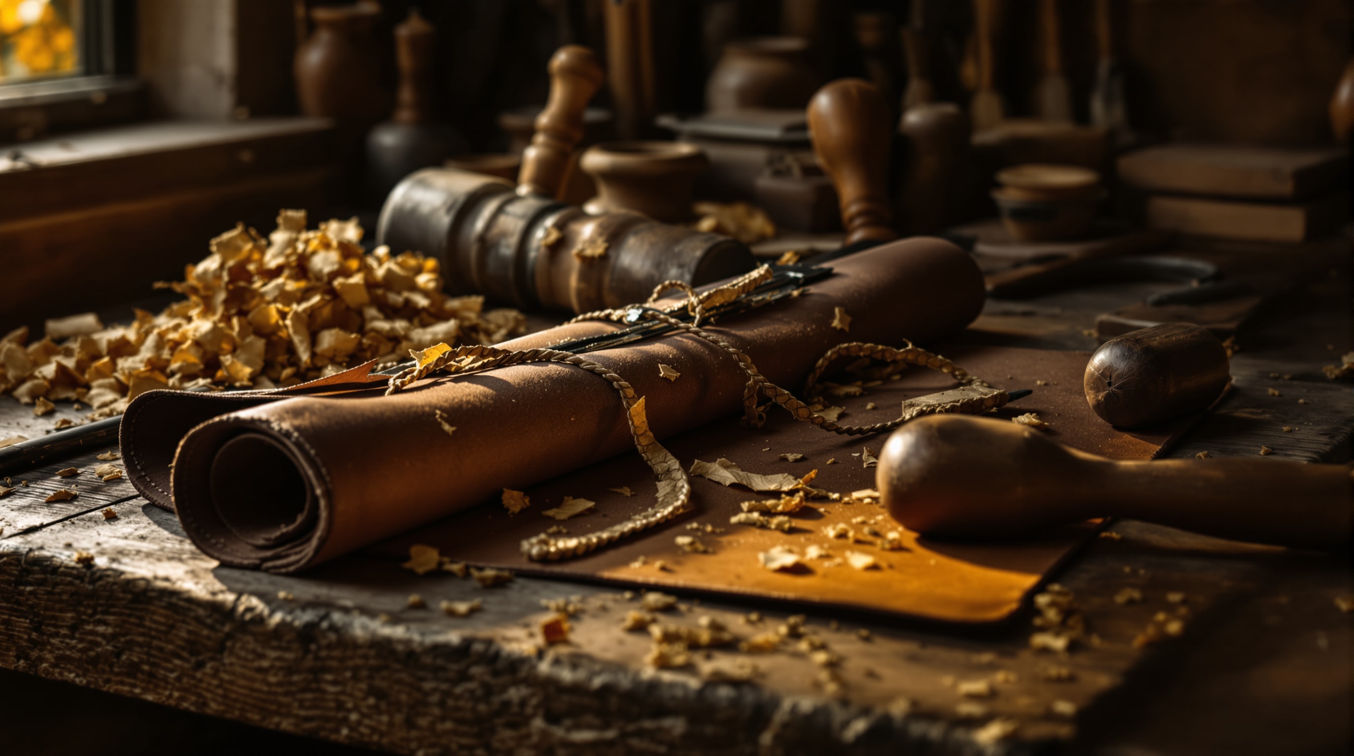 A worn wooden workbench with hand tools in a leather roll, lit by soft window light