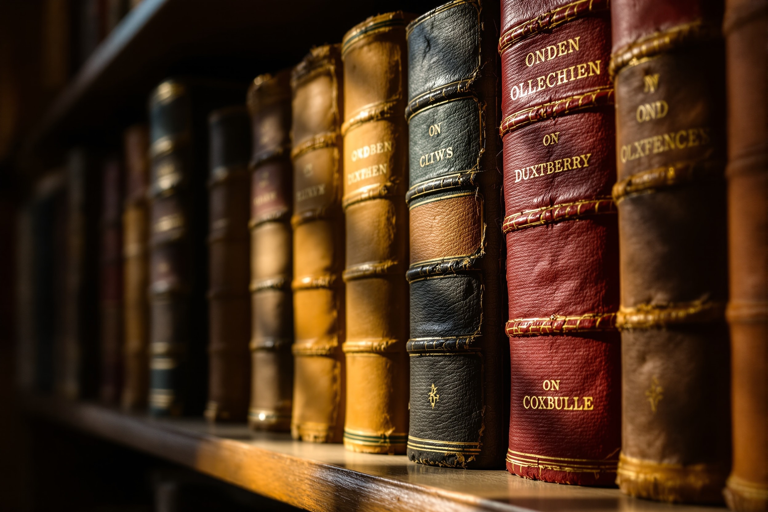 A shelf of worn cloth-bound books in warm raking light