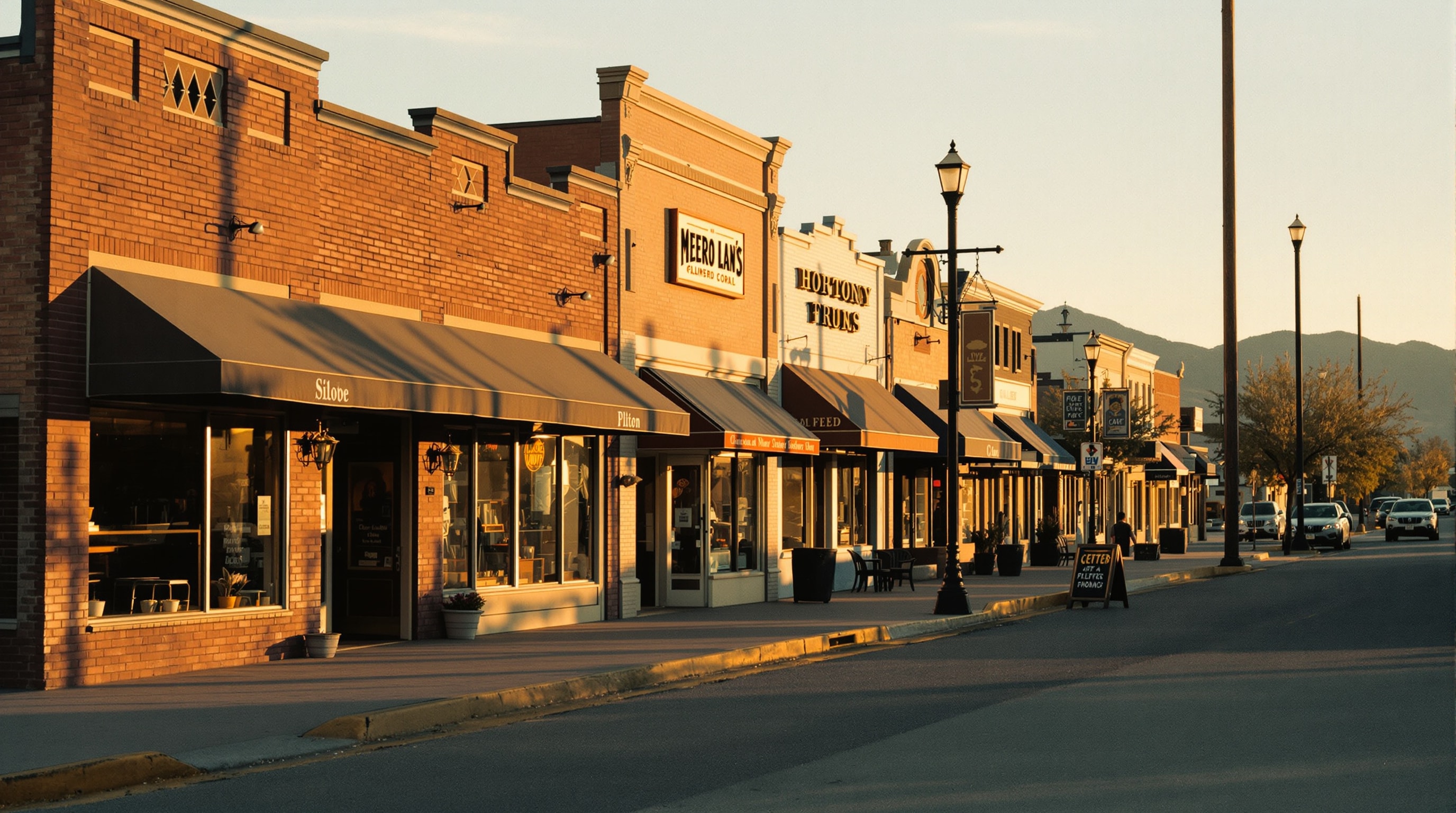 A row of modest brick storefronts on a small desert town main street at golden hour